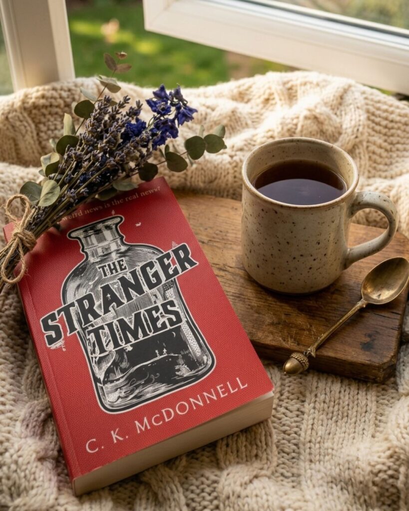 The Stranger Times book cover on a moody, dark bookstagram background with textured blankets.
