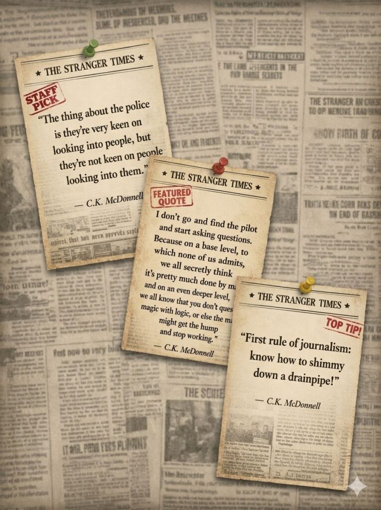 The Stranger Times quotes on retro cards pinned on old newspaper clippings.