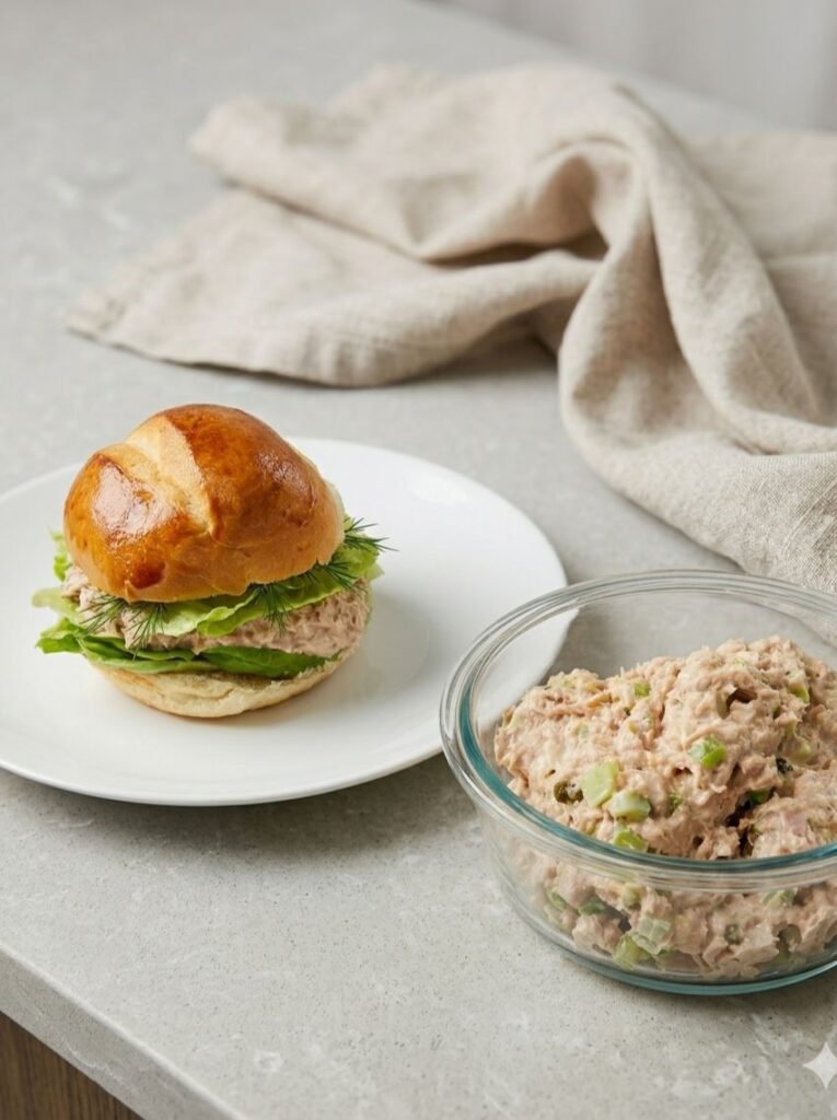 Healthy tuna salad sandwich in homemade hoagie for a no-heat make-ahead lunch.
